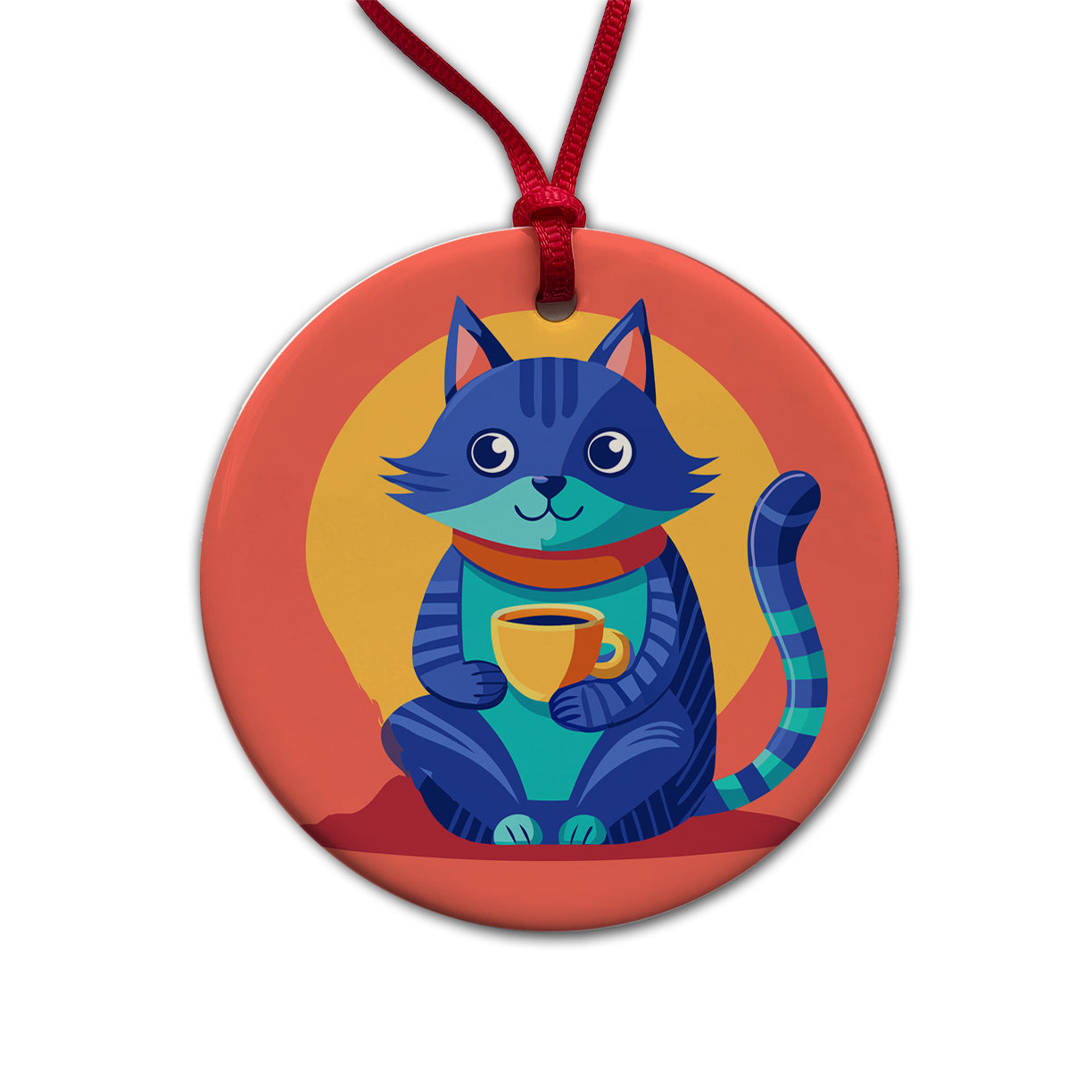 Cat Sipping Tea Round Ceramic Holiday Christmas Tree Ornament