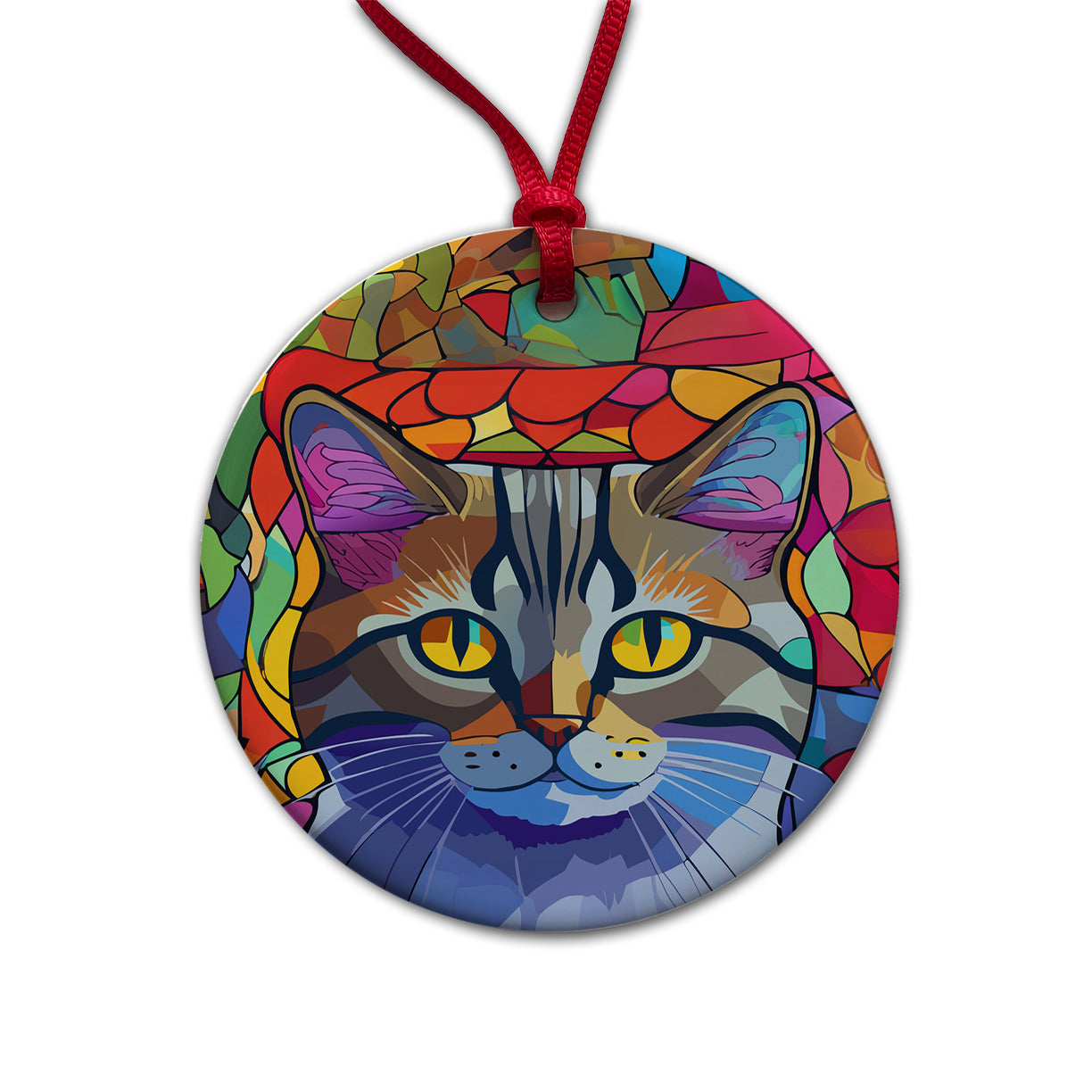 Cat Stained Glass Style Round Ceramic Holiday Christmas Tree Ornament
