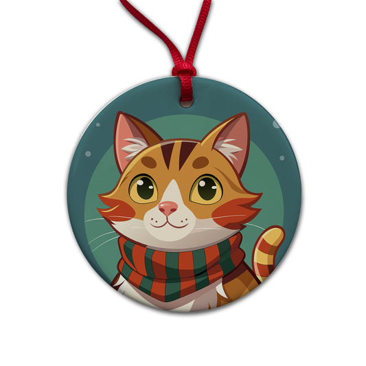 Cat Tabby Wearing Winter Scarf Round Ceramic Holiday Christmas Tree Ornament