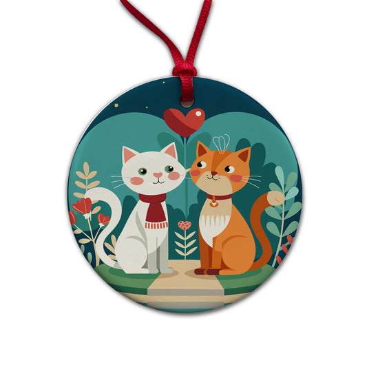 Cats in Love Anniversary Wedding Valentines Day Round Ceramic Holiday Christmas Tree Ornament