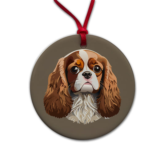 Cavalier King Charles Spaniel Dog Face Round Ceramic Holiday Christmas Tree Ornament