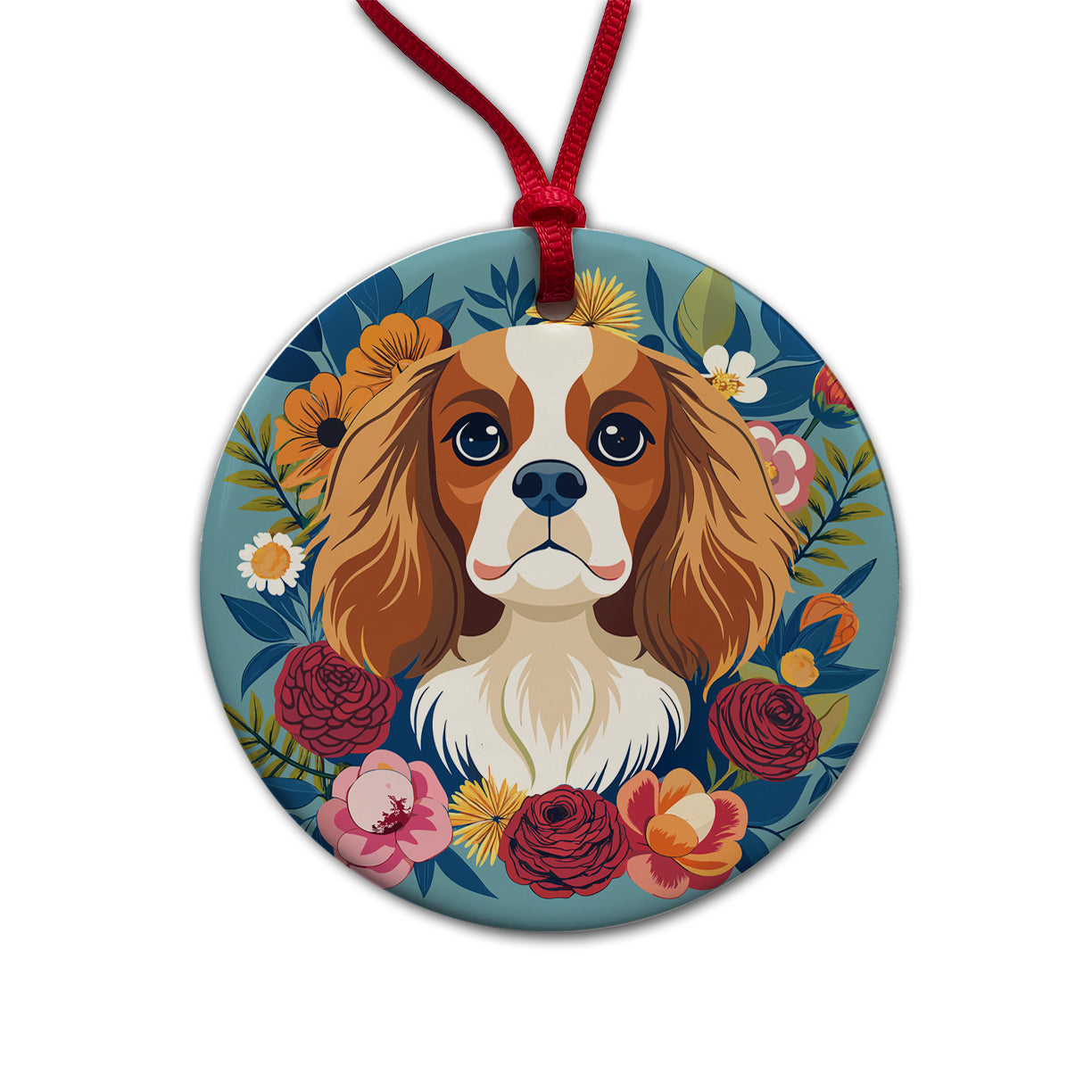 Cavalier King Charles Spaniel Dog Floral Flowers Round Ceramic Holiday Christmas Tree Ornament