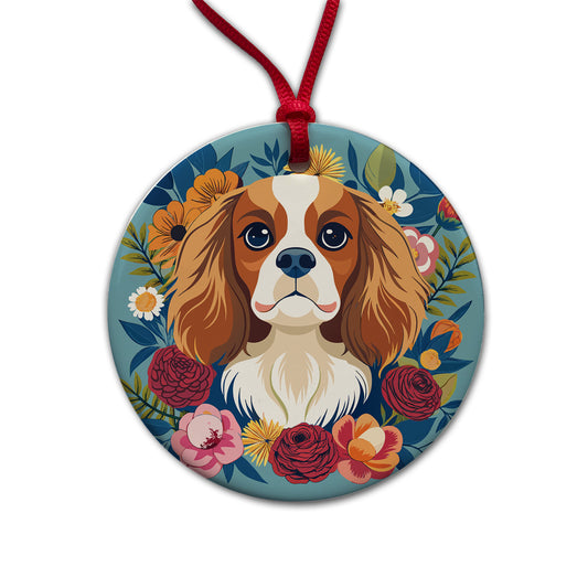 Cavalier King Charles Spaniel Dog Floral Flowers Round Ceramic Holiday Christmas Tree Ornament