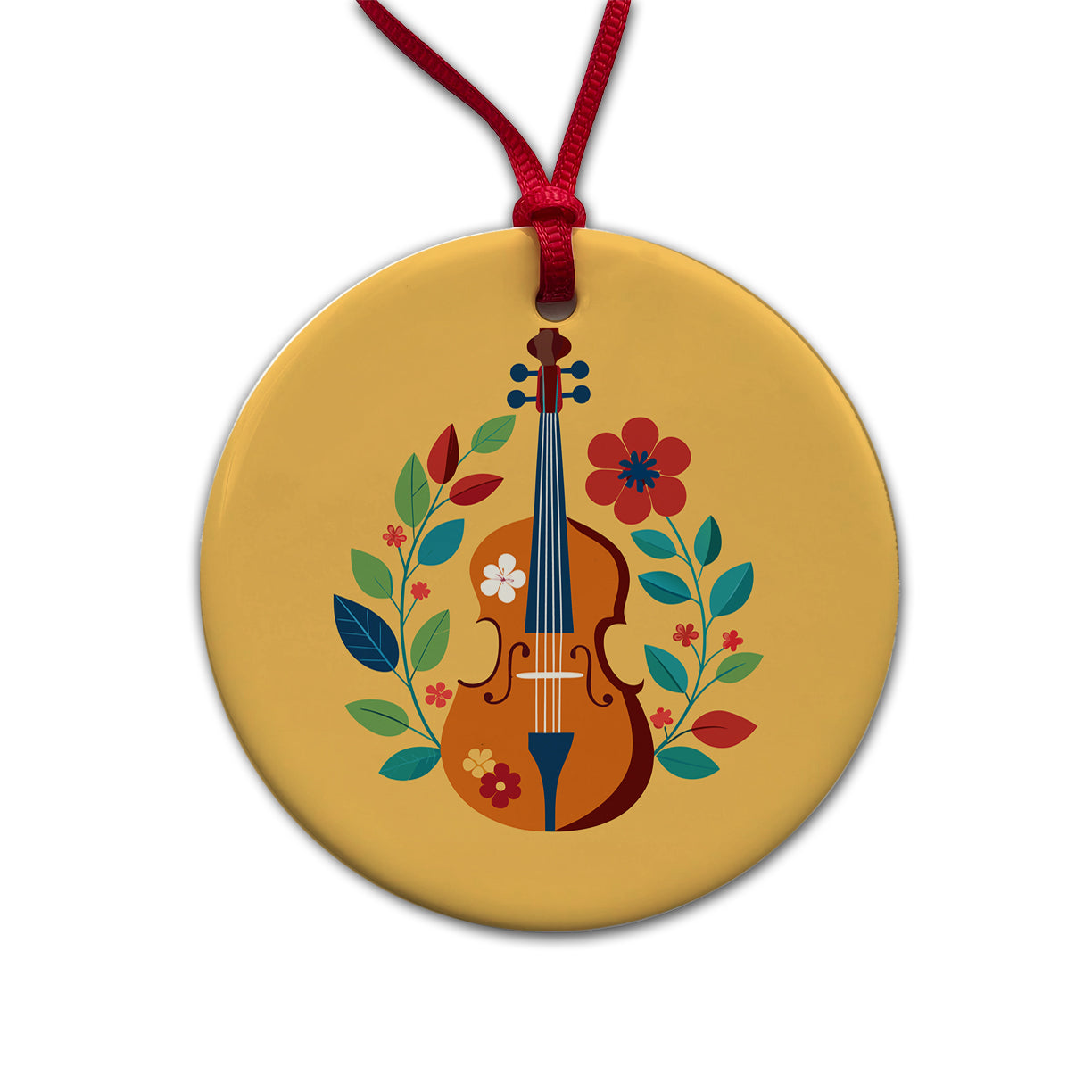Cello Floral Motif Music Round Ceramic Holiday Christmas Tree Ornament