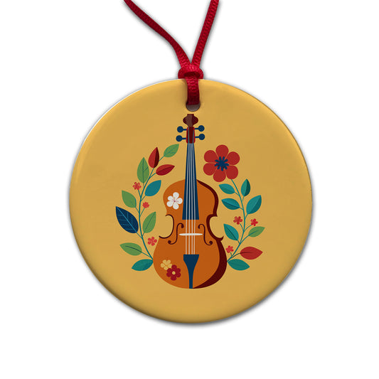 Cello Floral Motif Music Round Ceramic Holiday Christmas Tree Ornament