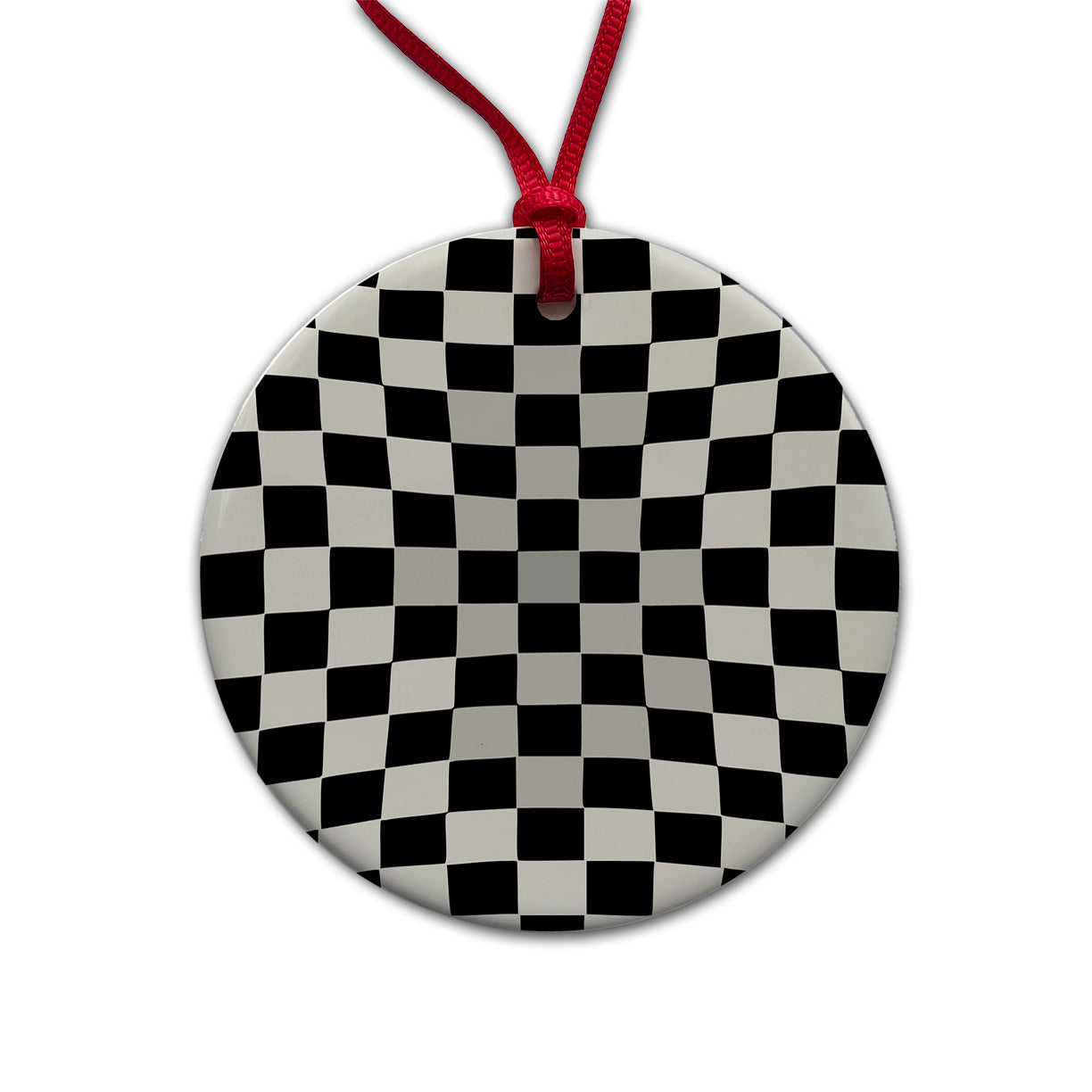 Checkered Flag Black White Round Ceramic Holiday Christmas Tree Ornament