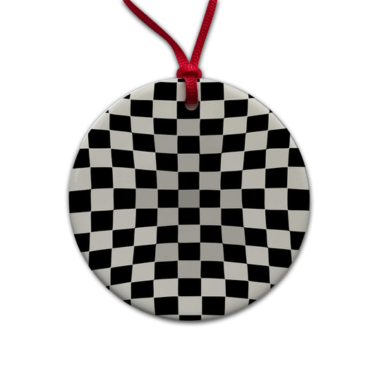 Checkered Flag Black White Round Ceramic Holiday Christmas Tree Ornament
