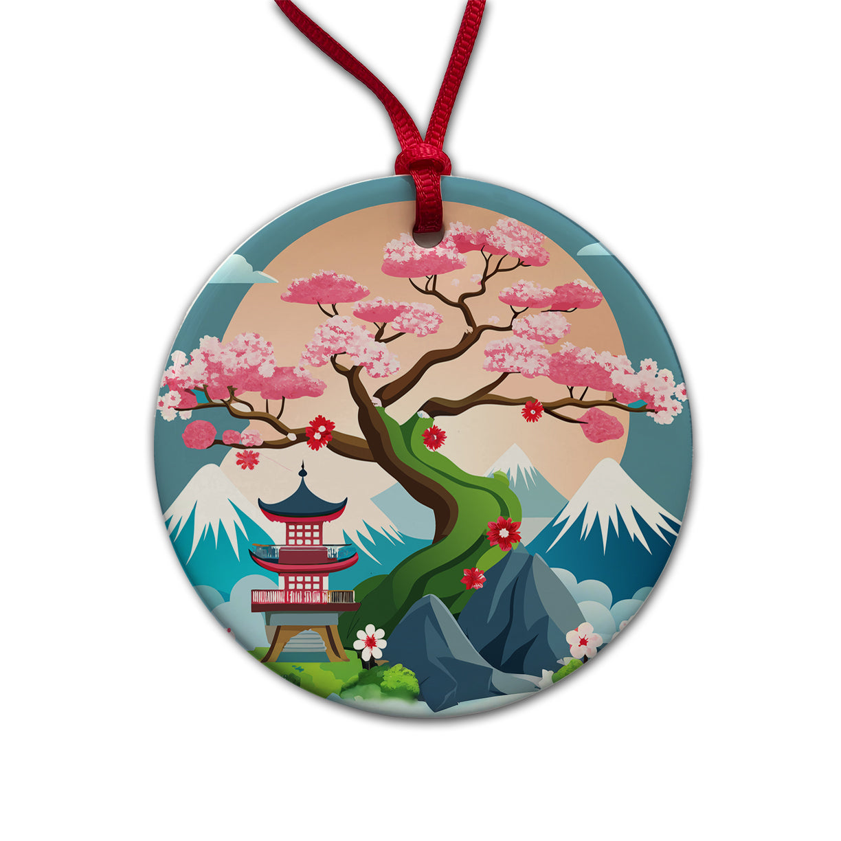 Cherry Blossom Tree Japanese Garden Round Ceramic Holiday Christmas Tree Ornament