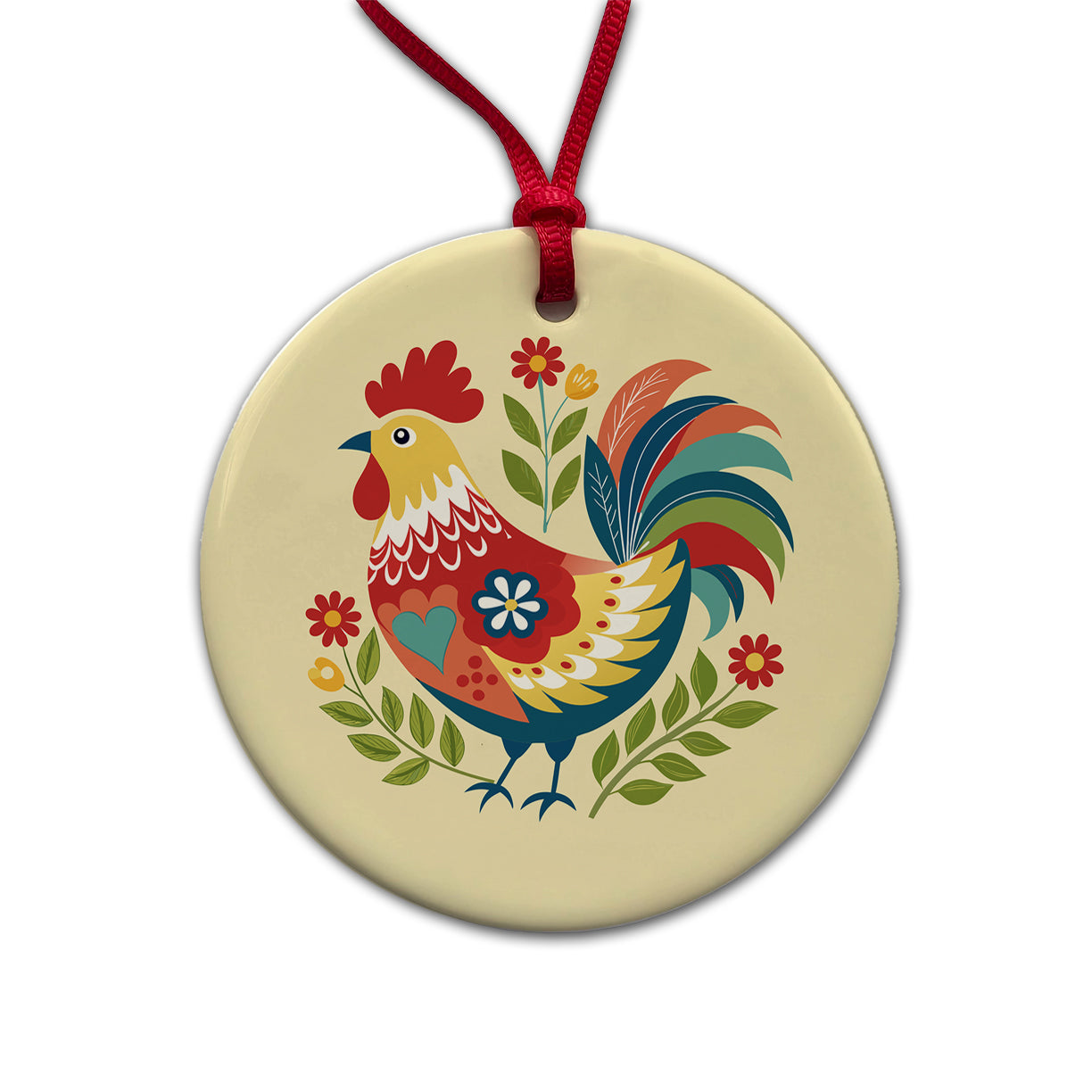 Chicken Rooster Flowers Round Ceramic Holiday Christmas Tree Ornament