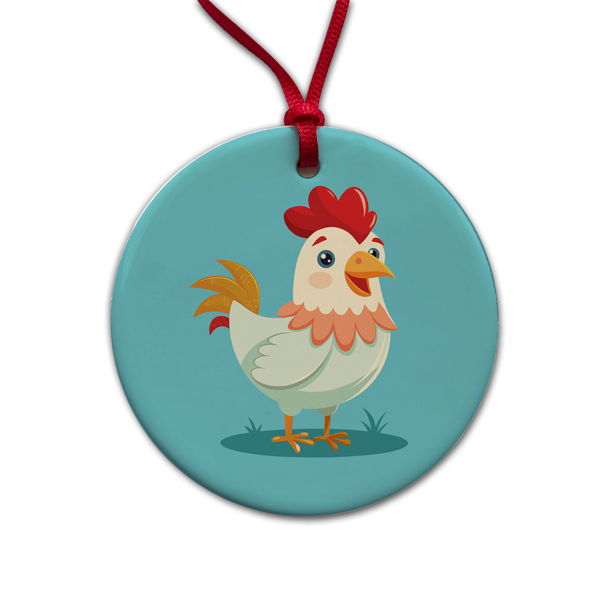 Chicken Rooster Happy Round Ceramic Holiday Christmas Tree Ornament