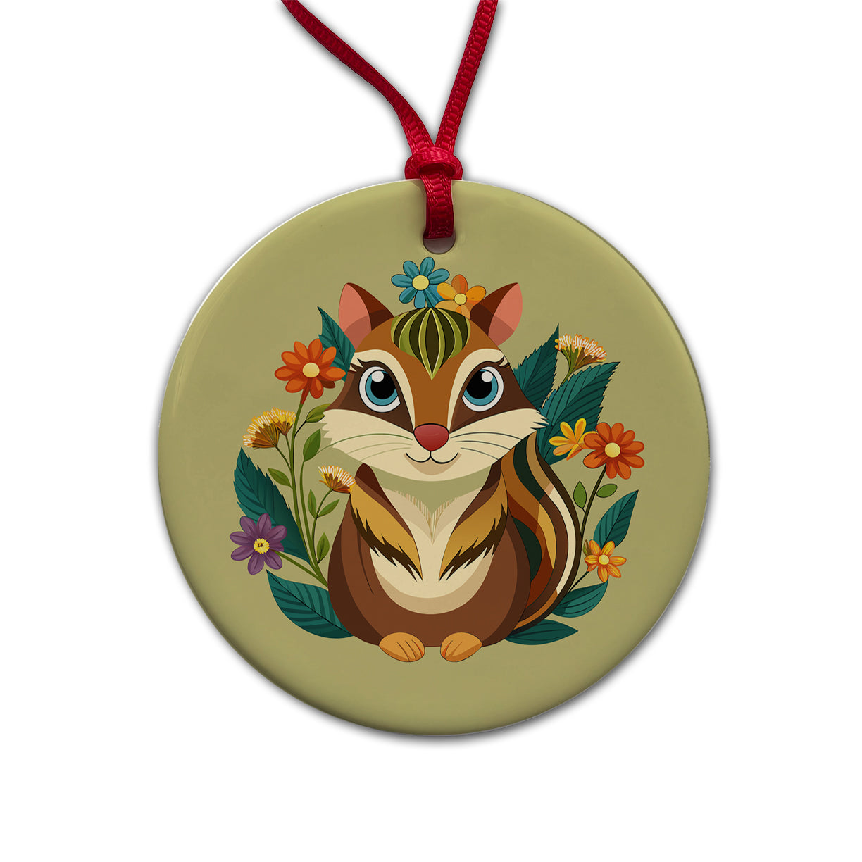 Chipmunk Floral Flowers Round Ceramic Holiday Christmas Tree Ornament