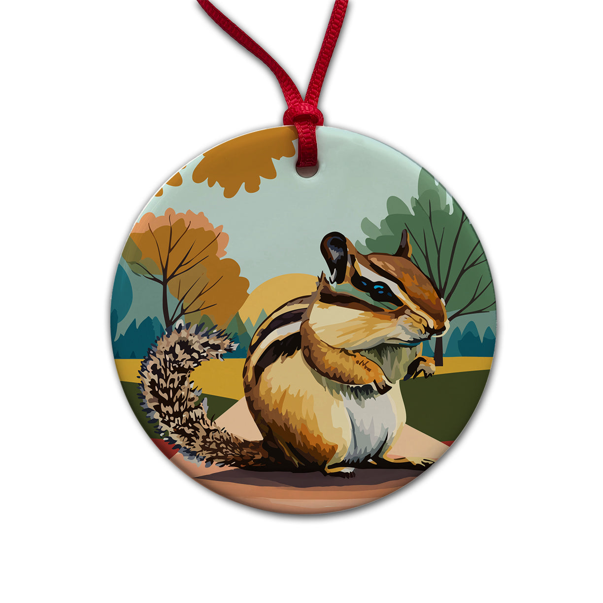 Chipmunk Watercolor Round Ceramic Holiday Christmas Tree Ornament