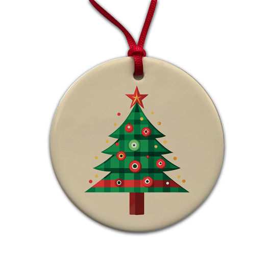 Christmas Tree Plaid Round Ceramic Holiday Christmas Tree Ornament