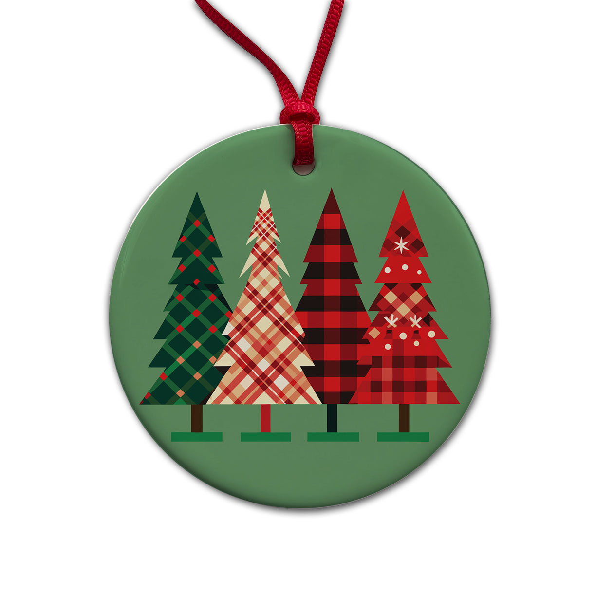 Christmas Trees Plaid Modern Cute Round Ceramic Holiday Christmas Tree Ornament