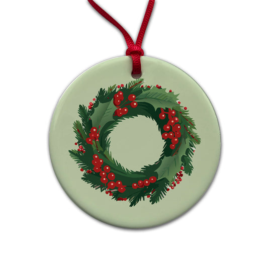 Christmas Wreath Holly Round Ceramic Holiday Christmas Tree Ornament