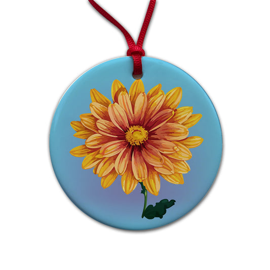 Chrysanthemum Mum Flower Yellow Watercolor Round Ceramic Holiday Christmas Tree Ornament