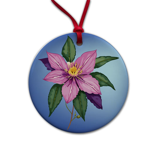 Clematis Flower Purple Watercolor Round Ceramic Holiday Christmas Tree Ornament