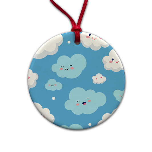 Clouds Happy Smiling Cute Pattern Round Ceramic Holiday Christmas Tree Ornament