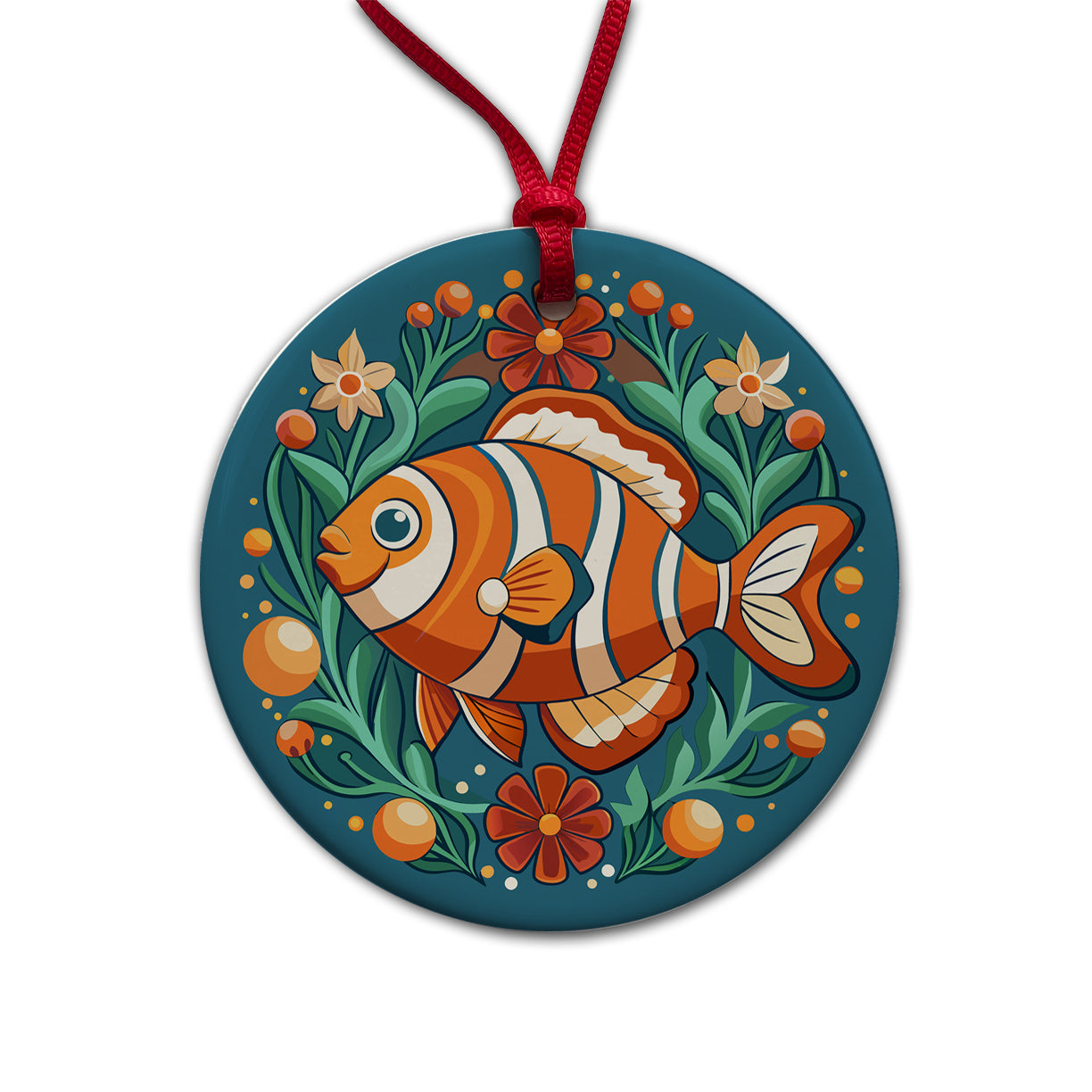 Clownfish Floral Flowers Round Ceramic Holiday Christmas Tree Ornament