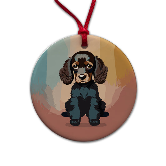 Cocker Spaniel Dark Sitting Round Ceramic Holiday Christmas Tree Ornament