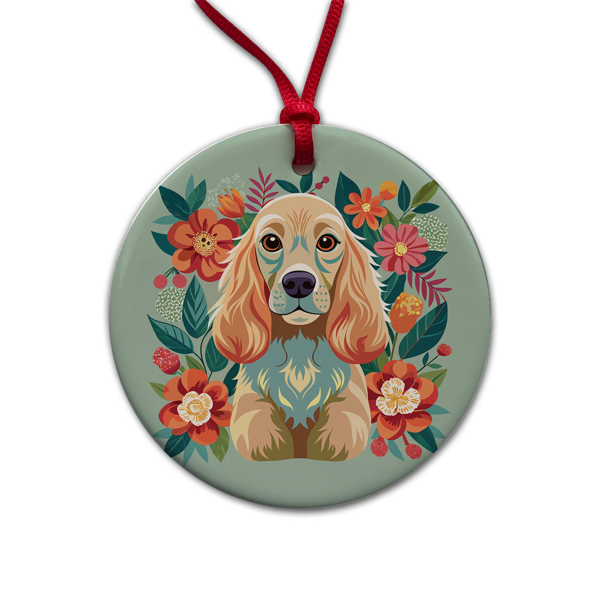 Cocker Spaniel Dog Floral Flowers Round Ceramic Holiday Christmas Tree Ornament
