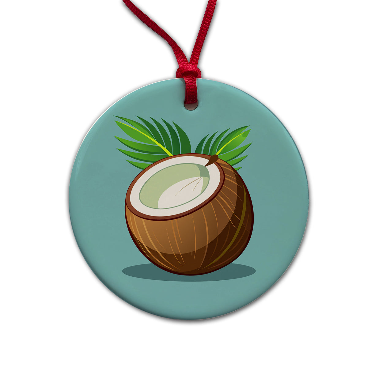 Coconut with Leaves Tropical Fruit Round Ceramic Holiday Christmas Tree Ornament