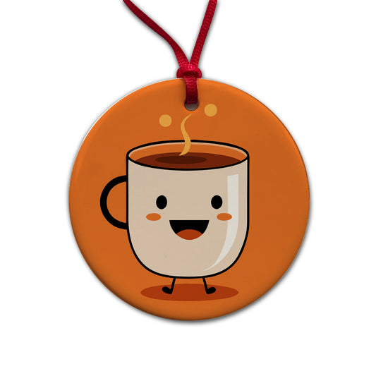 Coffee Mug Cup Smiling Happy Round Ceramic Holiday Christmas Tree Ornament