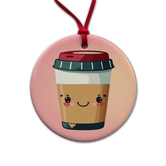 Coffee Travel Mug Smiling Round Ceramic Holiday Christmas Tree Ornament