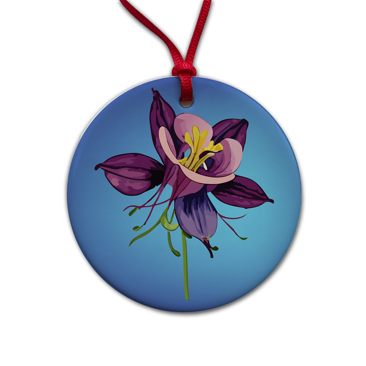 Columbine Flower Watercolor Purple Round Ceramic Holiday Christmas Tree Ornament