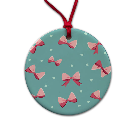 Coquette Pink Bows Scattered Round Ceramic Holiday Christmas Tree Ornament