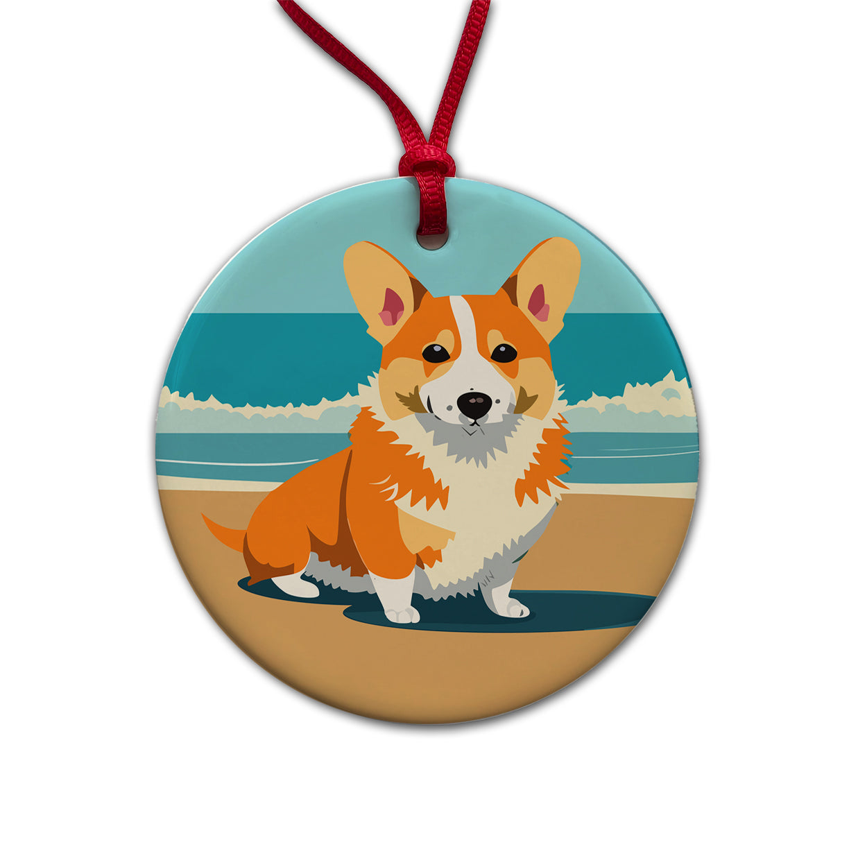 Corgi Dog on the Beach Ocean Round Ceramic Holiday Christmas Tree Ornament