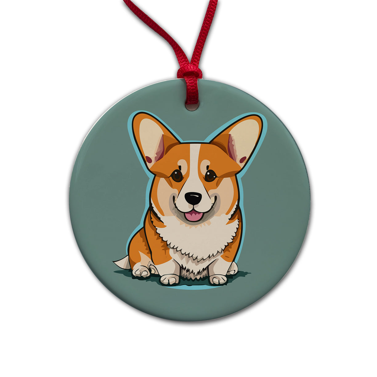 Corgi Dog Sitting Round Ceramic Holiday Christmas Tree Ornament