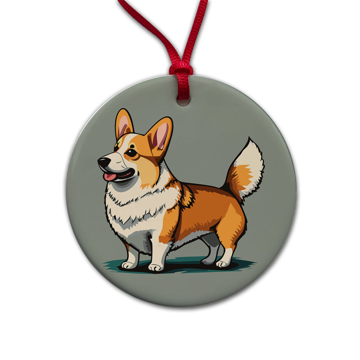 Corgi Dog Standing Round Ceramic Holiday Christmas Tree Ornament
