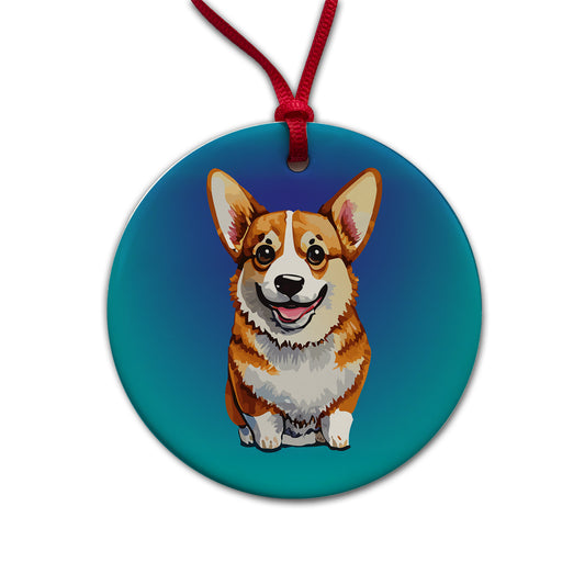 Corgi Dog Watercolor Happy Round Ceramic Holiday Christmas Tree Ornament