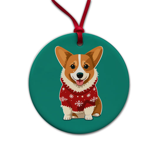Corgi Wearing Christmas Sweater Round Ceramic Holiday Christmas Tree Ornament