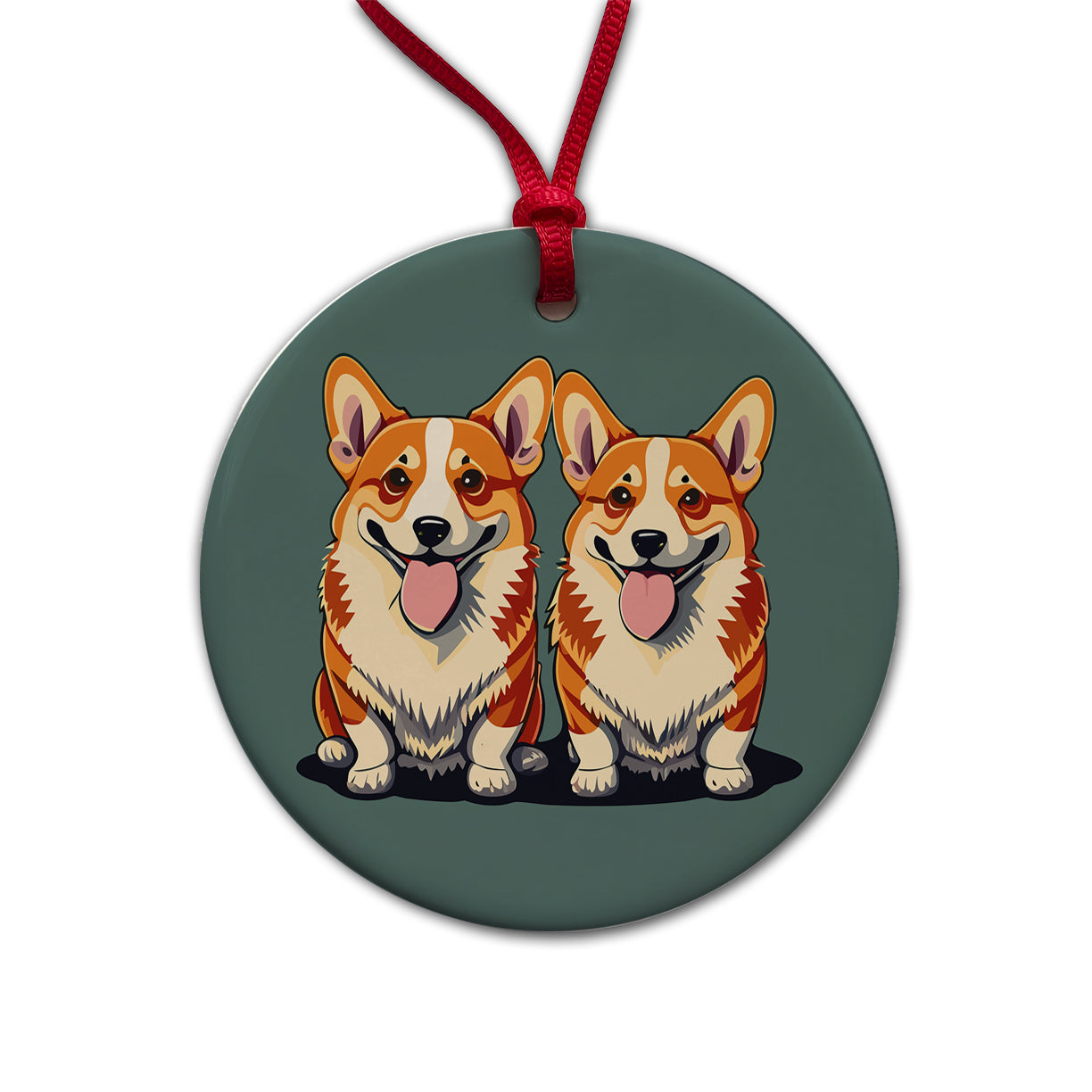 Corgis Dog Friends Brother Sister Two 2 Round Ceramic Holiday Christmas Tree Ornament