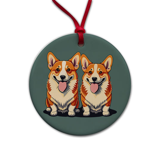 Corgis Dog Friends Brother Sister Two 2 Round Ceramic Holiday Christmas Tree Ornament