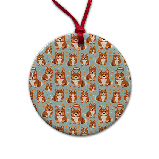 Corgis Dog Pattern Round Ceramic Holiday Christmas Tree Ornament