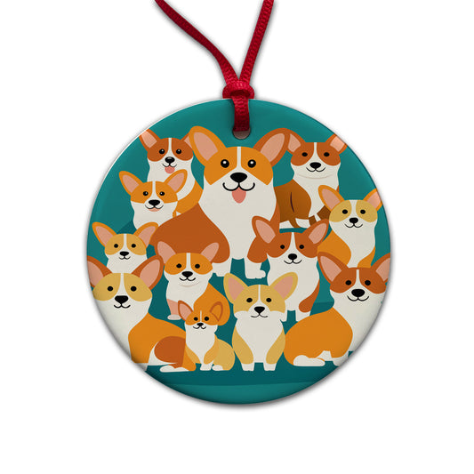 Corgis Dogs Oodles Round Ceramic Holiday Christmas Tree Ornament