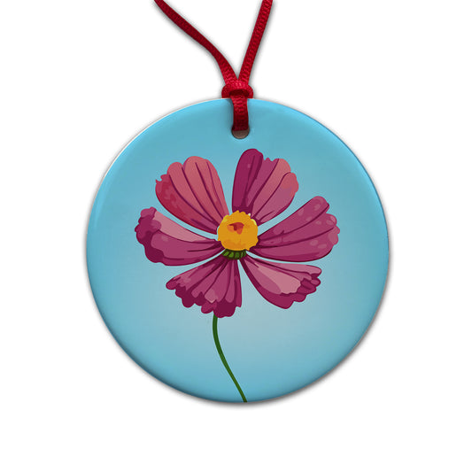 Cosmos Flower Pink Round Ceramic Holiday Christmas Tree Ornament