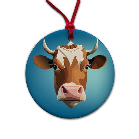 Cow Face Funny Round Ceramic Holiday Christmas Tree Ornament