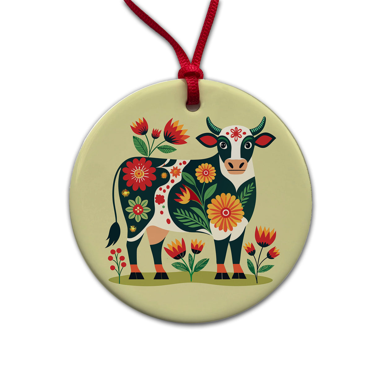 Cow Floral Motif Round Ceramic Holiday Christmas Tree Ornament