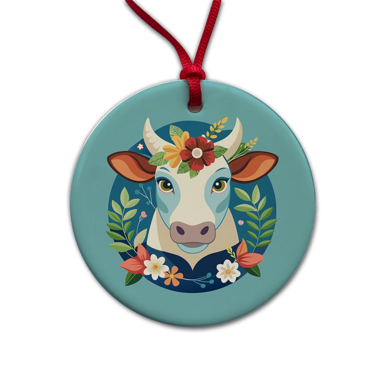 Cow Head Floral Flowers Round Ceramic Holiday Christmas Tree Ornament
