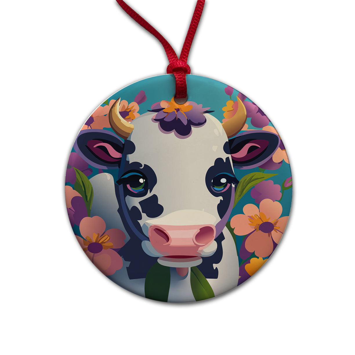 Cow with Flowers Round Ceramic Holiday Christmas Tree Ornament
