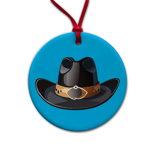 Cowboy Hat Black Western Country Round Ceramic Holiday Christmas Tree Ornament