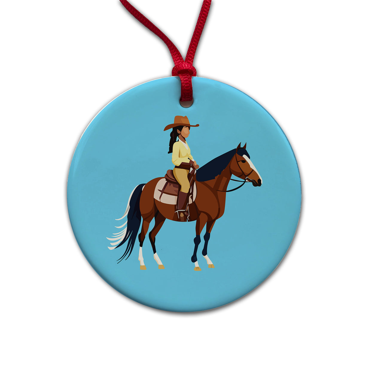 Cowgirl Woman on Horse Round Ceramic Holiday Christmas Tree Ornament
