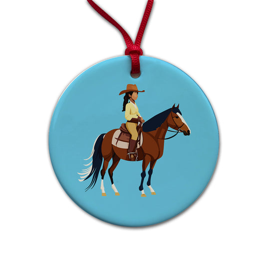 Cowgirl Woman on Horse Round Ceramic Holiday Christmas Tree Ornament