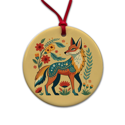 Coyote Floral Flowers Round Ceramic Holiday Christmas Tree Ornament