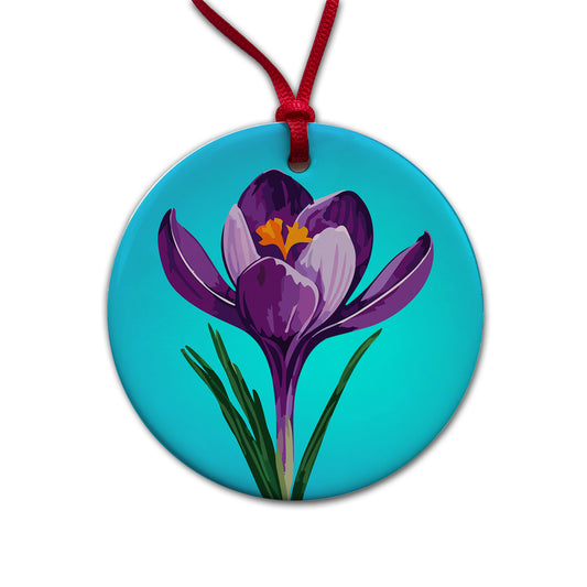 Crocus Flower Purple Watercolor Round Ceramic Holiday Christmas Tree Ornament