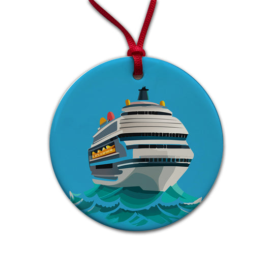Cruise Ship on Ocean Trip Vacation Bon Voyage Round Ceramic Holiday Christmas Tree Ornament